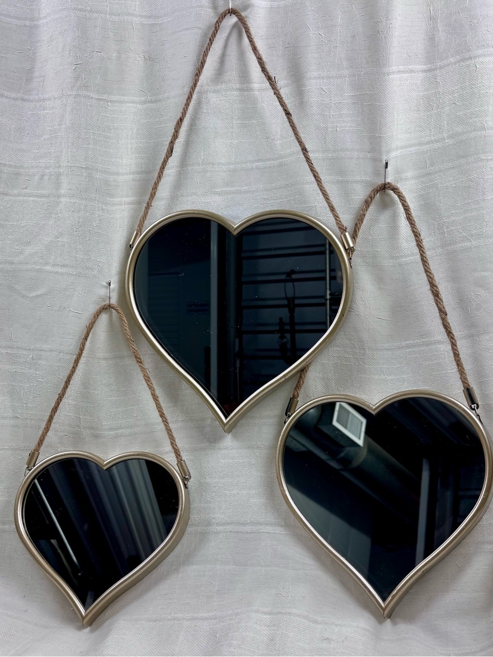 3 Heart Shaped Mirrors w/ Hemp Rope Wall Hanging Art. Hollywood Regency Style